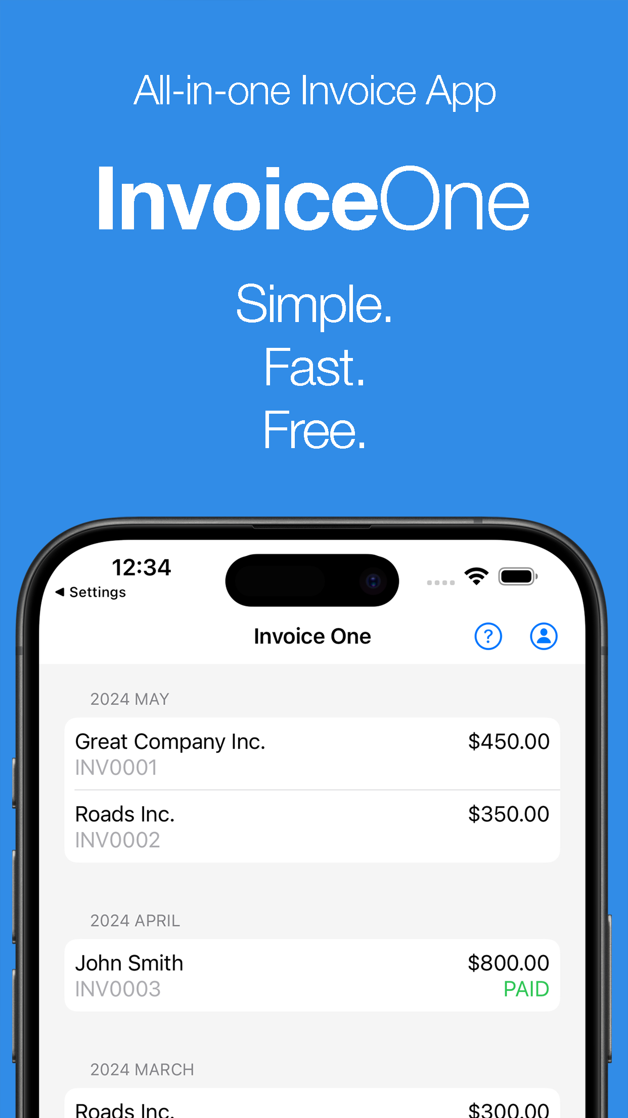 Screenshot of the Invoice One app